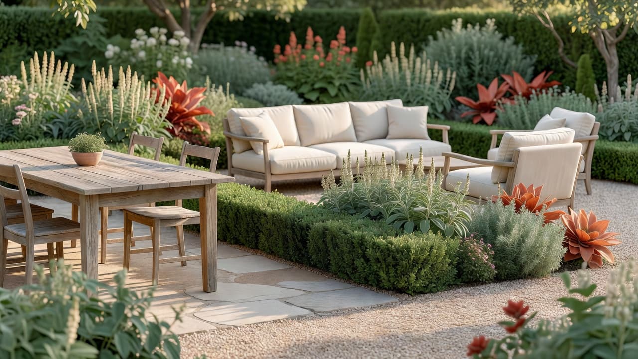 A zoned garden divided into a dining outdoor room and a separate lounge outdoor room using a low hedge and change of paving