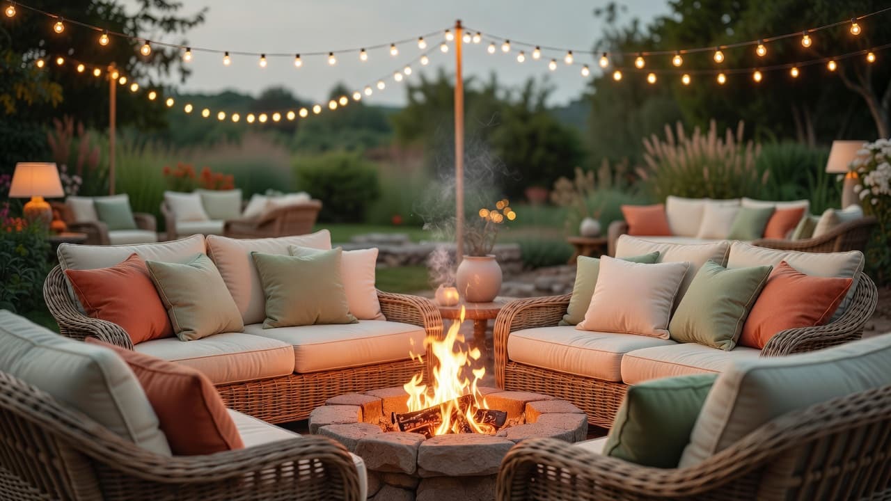 An outdoor room design lit for evening use: festoon lighting strung above a lounge seating area with a fire pit and layered cushions