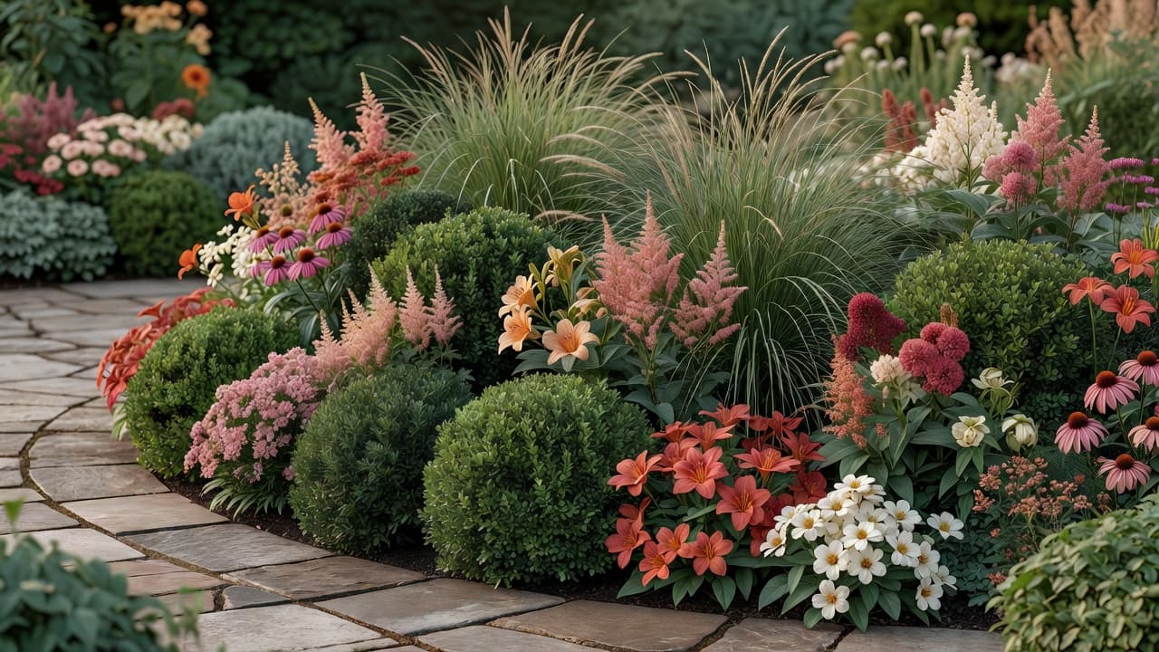 Layered planting border used to frame an outdoor room, mixing evergreen structure with seasonal flowering perennials along a patio edge