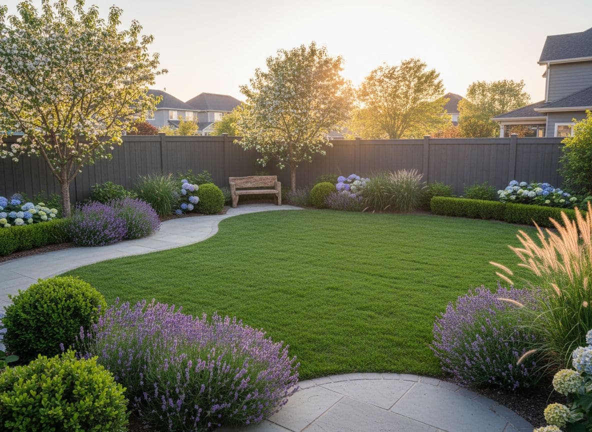 Backyard AI garden design with new paved path, planting, and seating