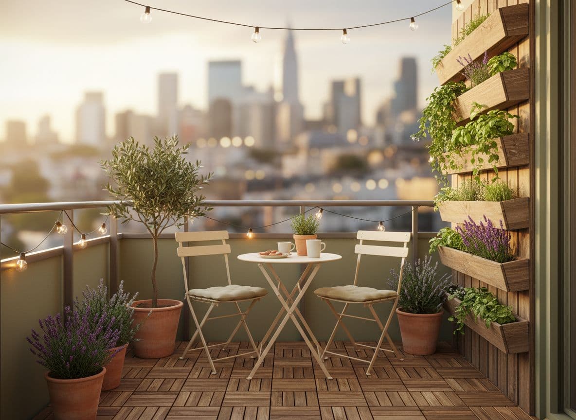 Balcony AI garden design with herbs, olive tree and café lights