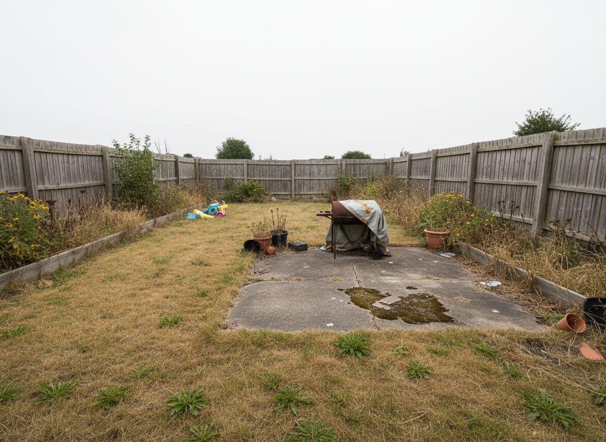 Tired backyard with patchy lawn before AI garden design