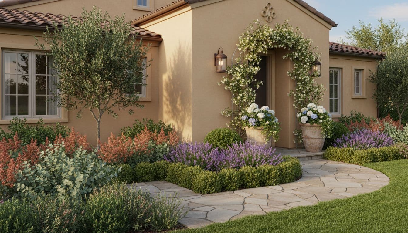 Front yard after AI landscape design with stone walkway and lavender border