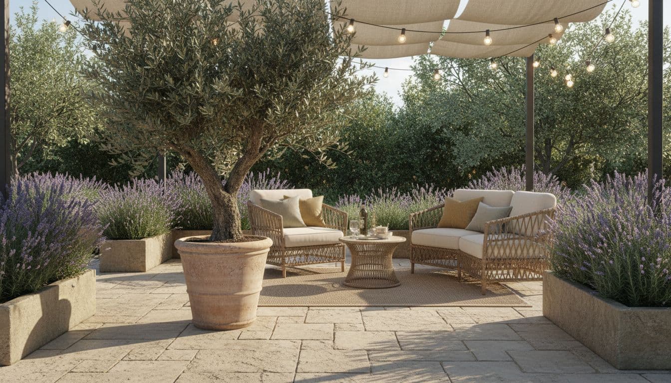 Patio after FlorAI AI garden design app with pergola, olive tree and seating