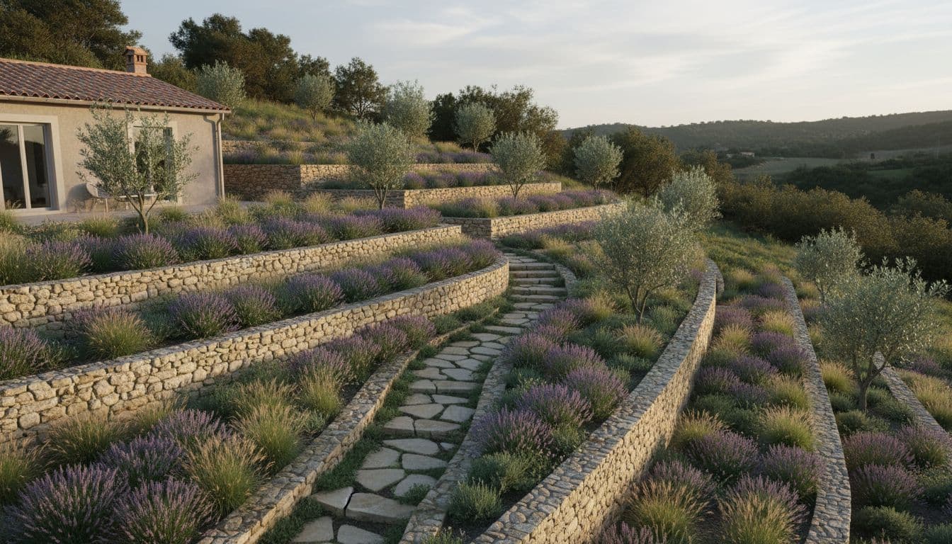 Sloped garden design idea with terraced beds, stone walls and layered planting by FlorAI